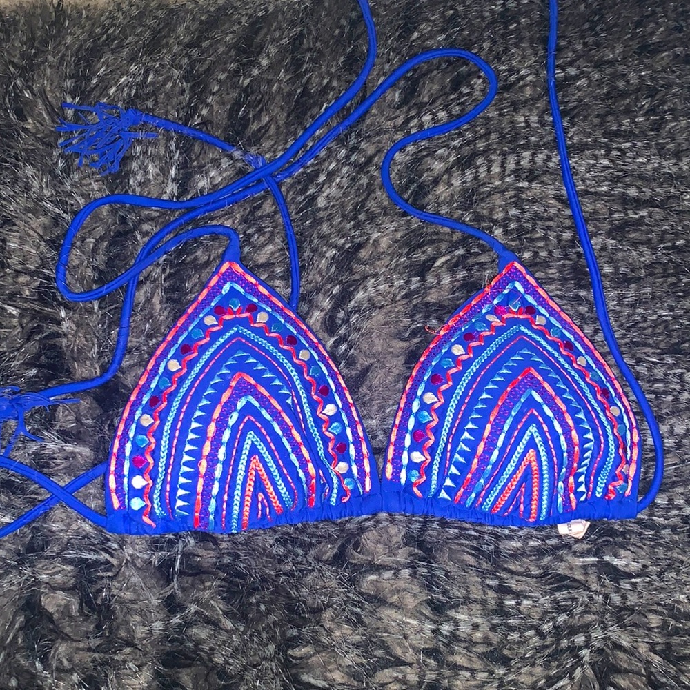 Blue tribal checkers triangle bikini top from AE